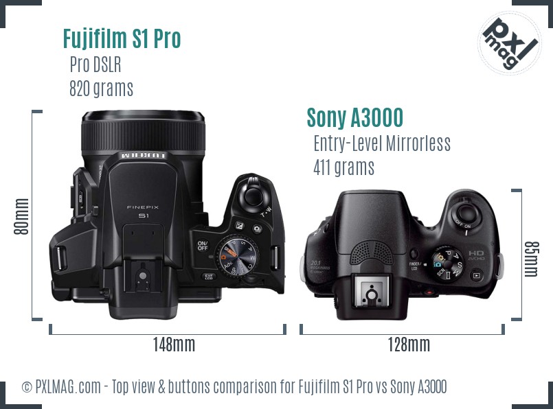 Fujifilm S1 Pro vs Sony A3000 top view buttons comparison
