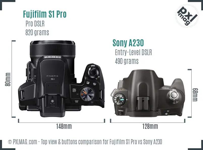 Fujifilm S1 Pro vs Sony A230 top view buttons comparison