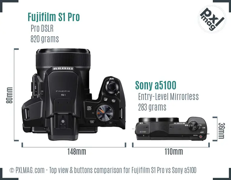 Fujifilm S1 Pro vs Sony a5100 top view buttons comparison