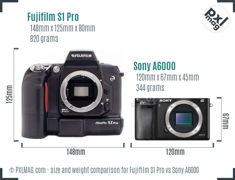 Fujifilm S1 Pro vs Sony A6000 size comparison