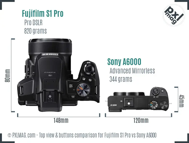 Fujifilm S1 Pro vs Sony A6000 top view buttons comparison