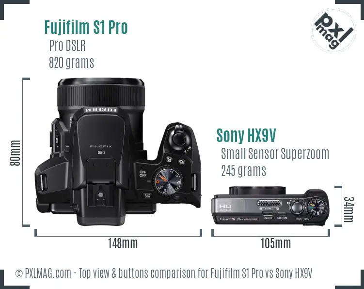 Fujifilm S1 Pro vs Sony HX9V top view buttons comparison
