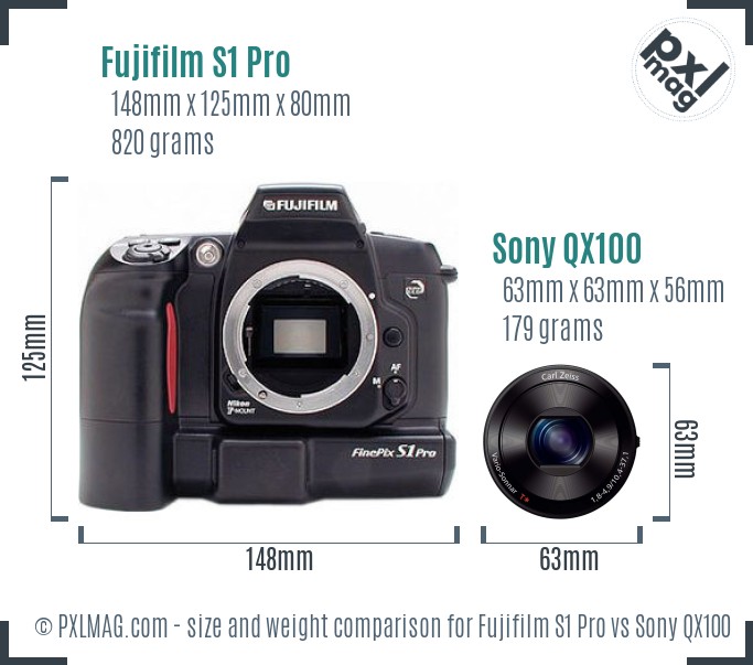 Fujifilm S1 Pro vs Sony QX100 size comparison