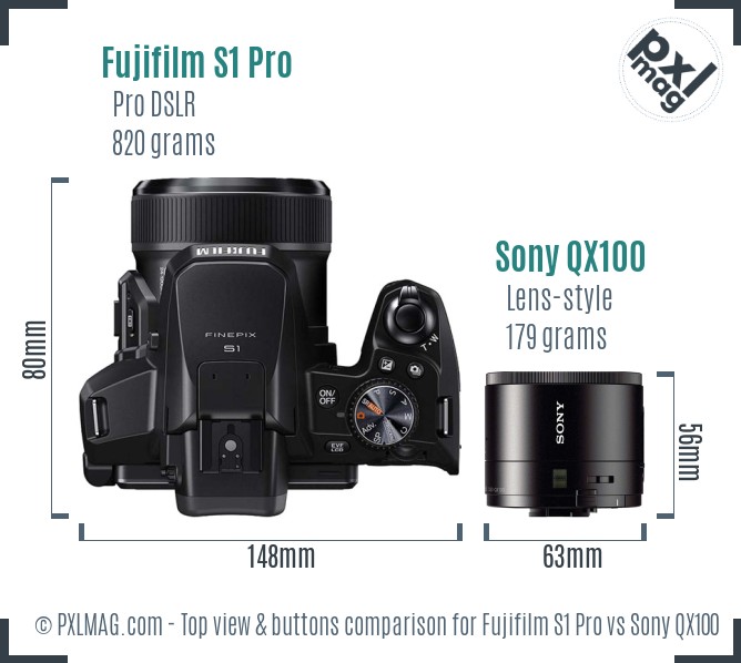 Fujifilm S1 Pro vs Sony QX100 top view buttons comparison