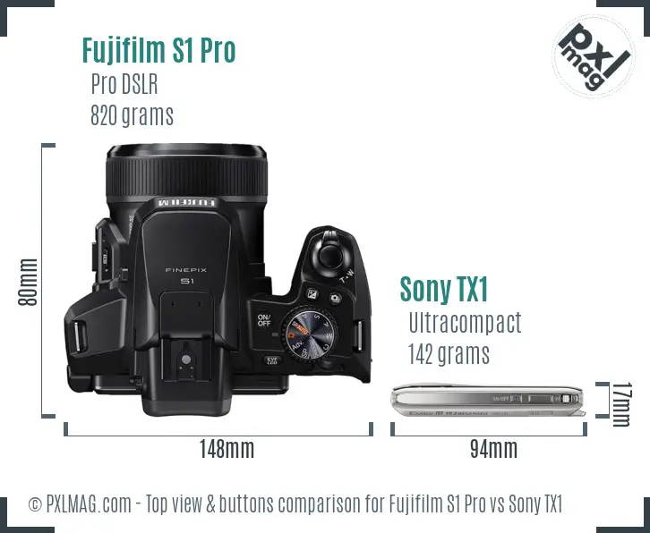 Fujifilm S1 Pro vs Sony TX1 top view buttons comparison