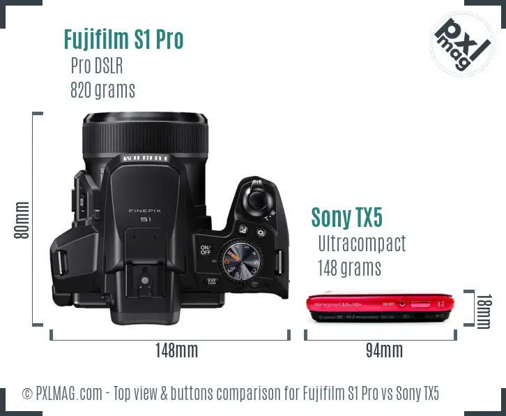 Fujifilm S1 Pro vs Sony TX5 top view buttons comparison Fujifilm S1 Pro vs Sony TX5 top view buttons comparison