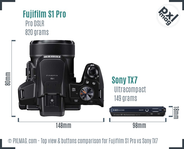 Fujifilm S1 Pro vs Sony TX7 top view buttons comparison