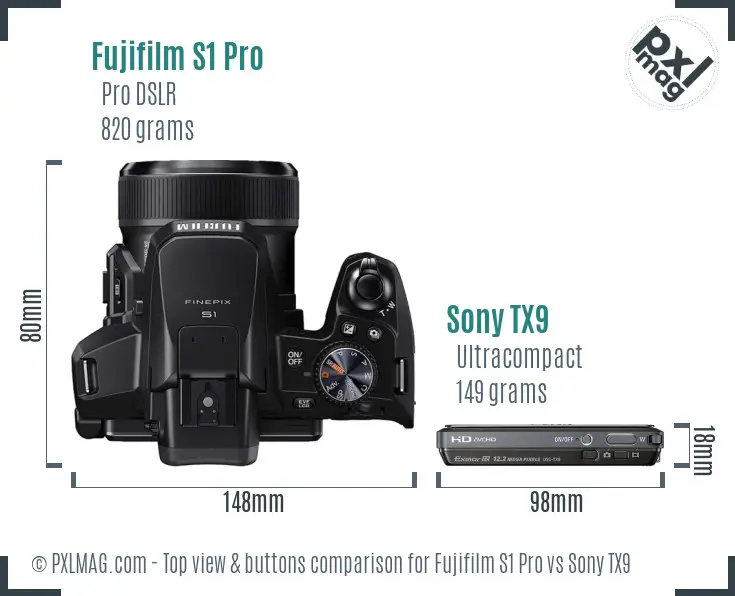 Fujifilm S1 Pro vs Sony TX9 top view buttons comparison Fujifilm S1 Pro vs Sony TX9 top view buttons comparison