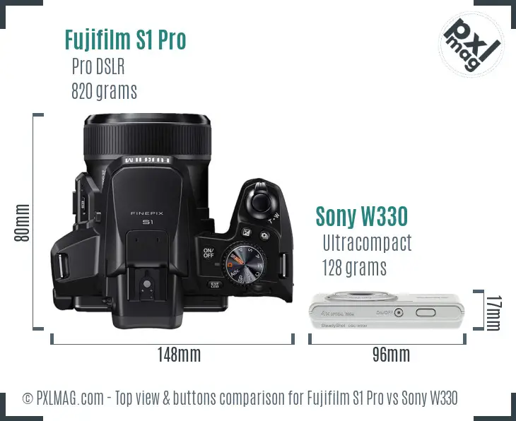 Fujifilm S1 Pro vs Sony W330 top view buttons comparison