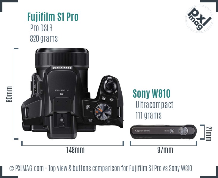 Fujifilm S1 Pro vs Sony W810 top view buttons comparison