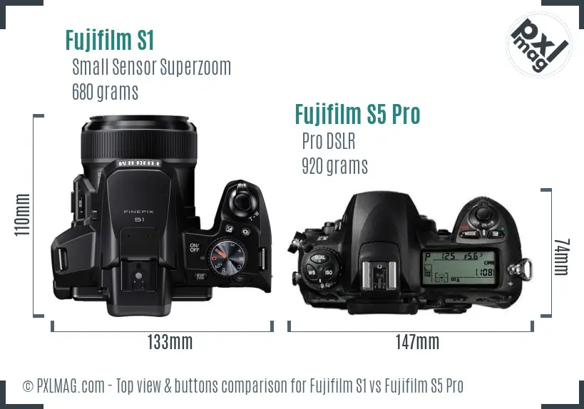 Fujifilm S1 vs Fujifilm S5 Pro top view buttons comparison Fujifilm S1 vs Fujifilm S5 Pro top view buttons comparison