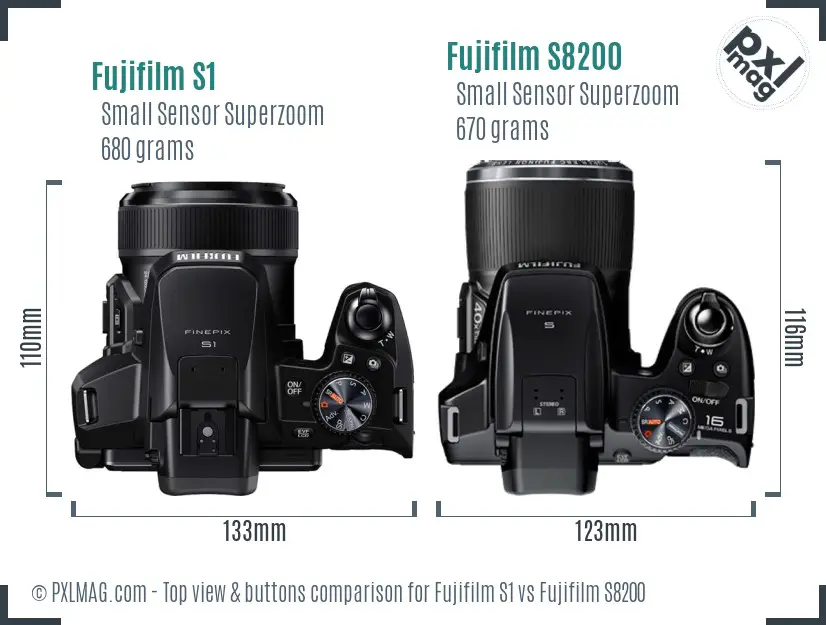 Fujifilm S1 vs Fujifilm S8200 top view buttons comparison
