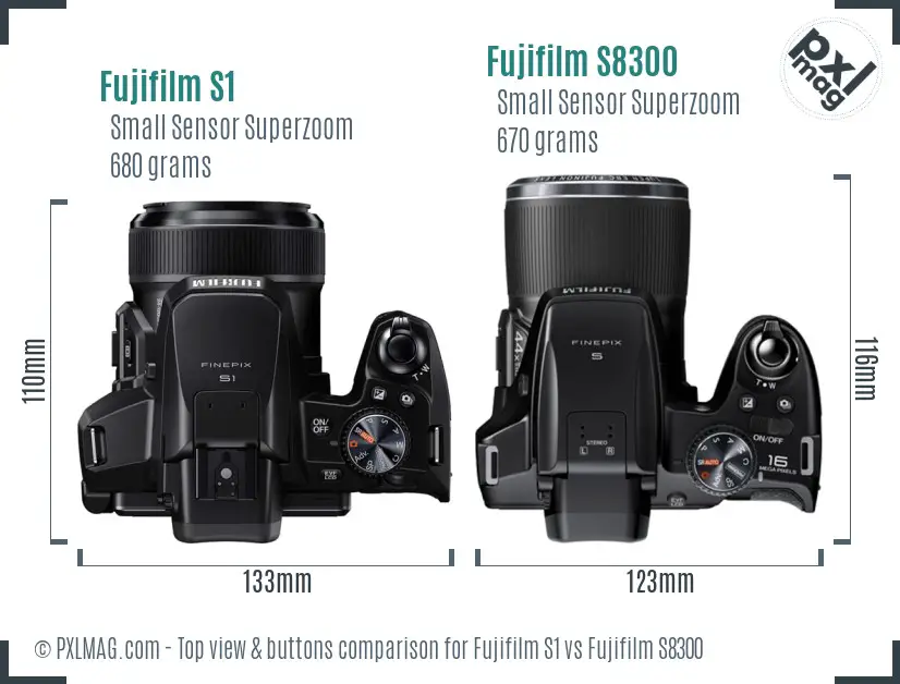 Fujifilm S1 vs Fujifilm S8300 top view buttons comparison