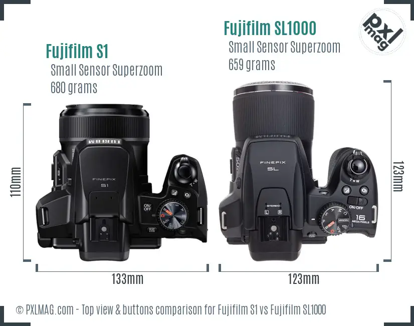 Fujifilm S1 vs Fujifilm SL1000 top view buttons comparison