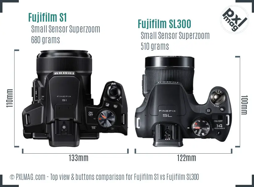 Fujifilm S1 vs Fujifilm SL300 top view buttons comparison