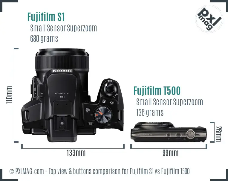 Fujifilm S1 vs Fujifilm T500 top view buttons comparison