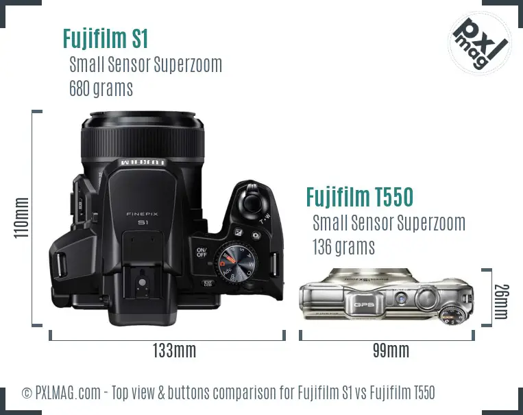 Fujifilm S1 vs Fujifilm T550 top view buttons comparison