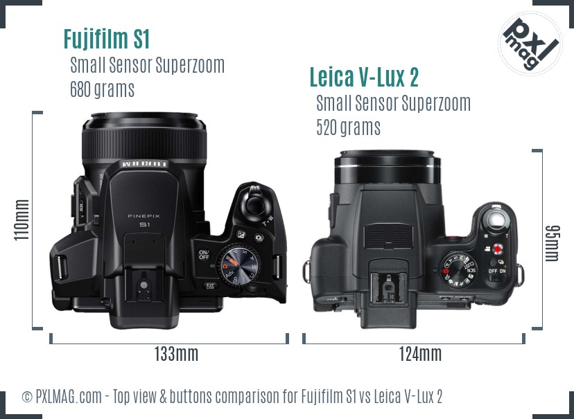 Fujifilm S1 vs Leica V-Lux 2 top view buttons comparison