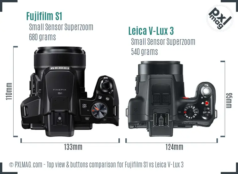 Fujifilm S1 vs Leica V-Lux 3 top view buttons comparison