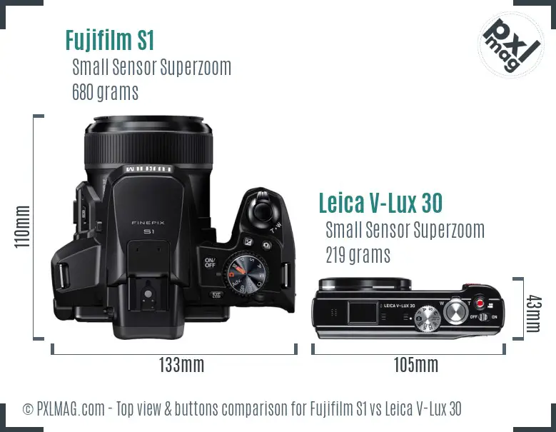 Fujifilm S1 vs Leica V-Lux 30 top view buttons comparison