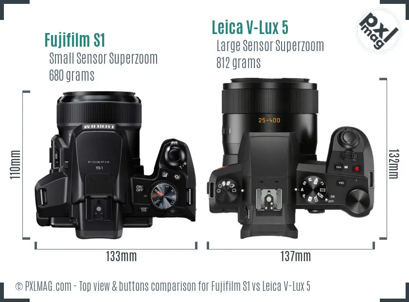 Fujifilm S1 vs Leica V-Lux 5 top view buttons comparison