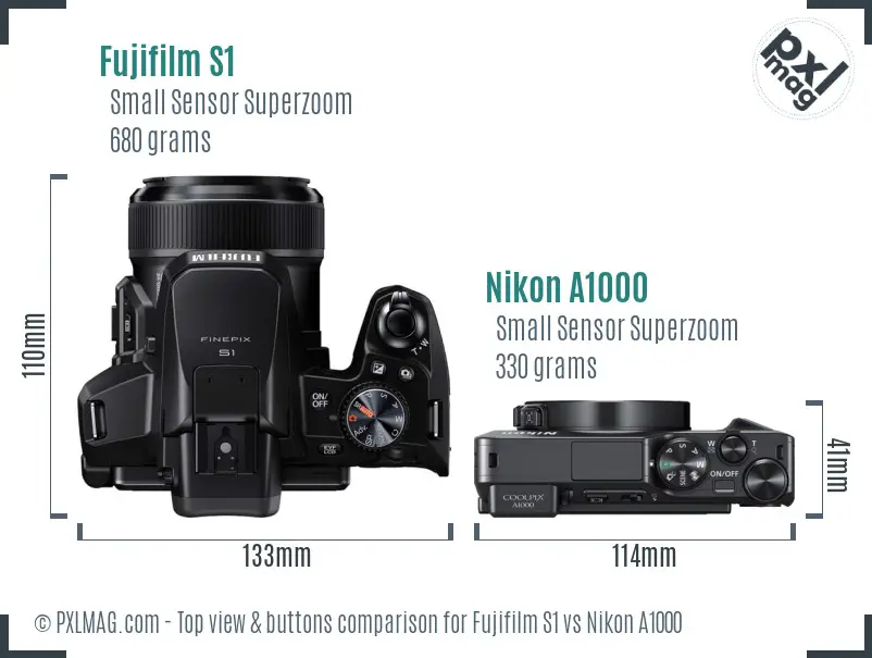 Fujifilm S1 vs Nikon A1000 top view buttons comparison