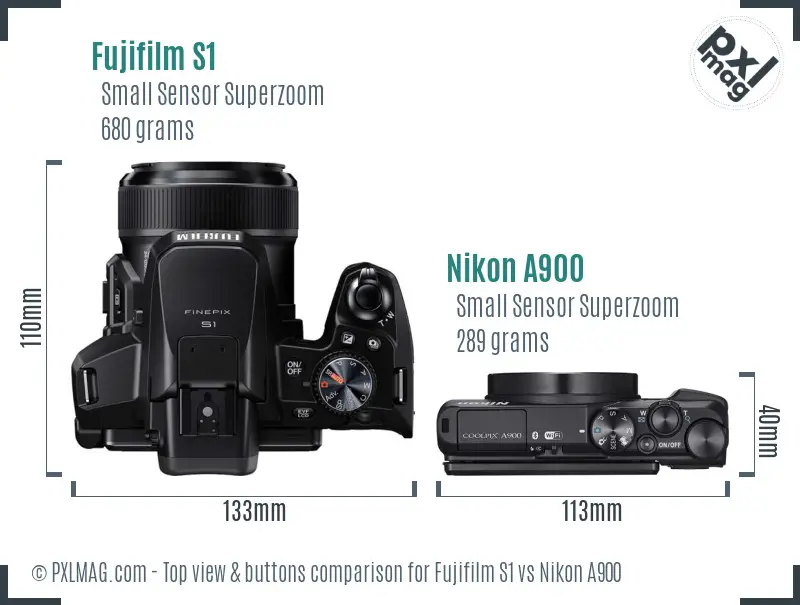 Fujifilm S1 vs Nikon A900 top view buttons comparison Fujifilm S1 vs Nikon A900 top view buttons comparison