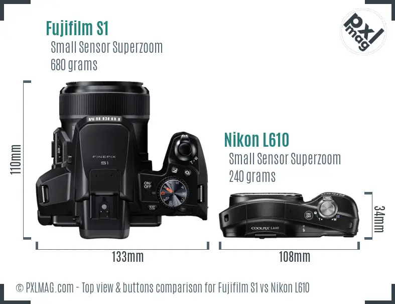 Fujifilm S1 vs Nikon L610 top view buttons comparison Fujifilm S1 vs Nikon L610 top view buttons comparison