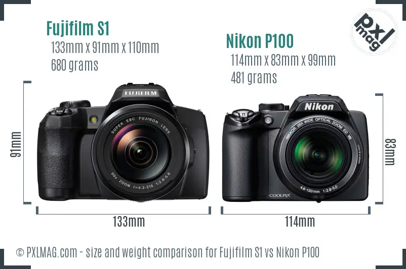 Fujifilm S1 vs Nikon P100 size comparison