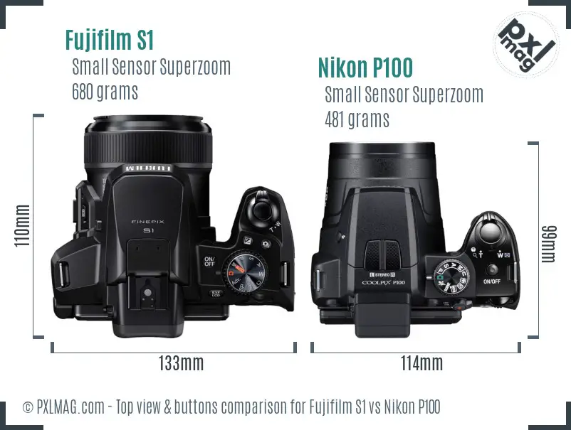 Fujifilm S1 vs Nikon P100 top view buttons comparison