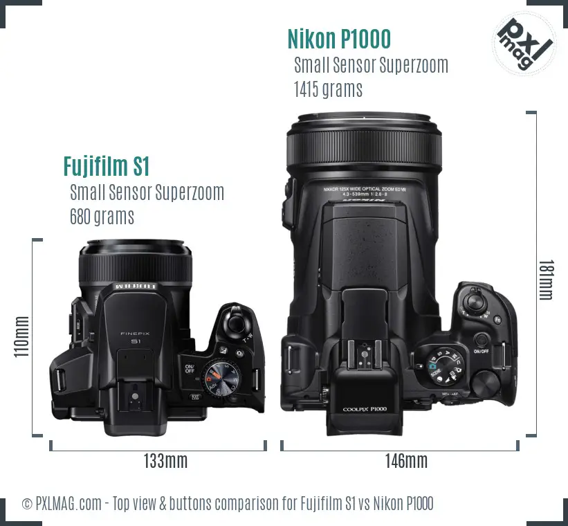 Fujifilm S1 vs Nikon P1000 top view buttons comparison