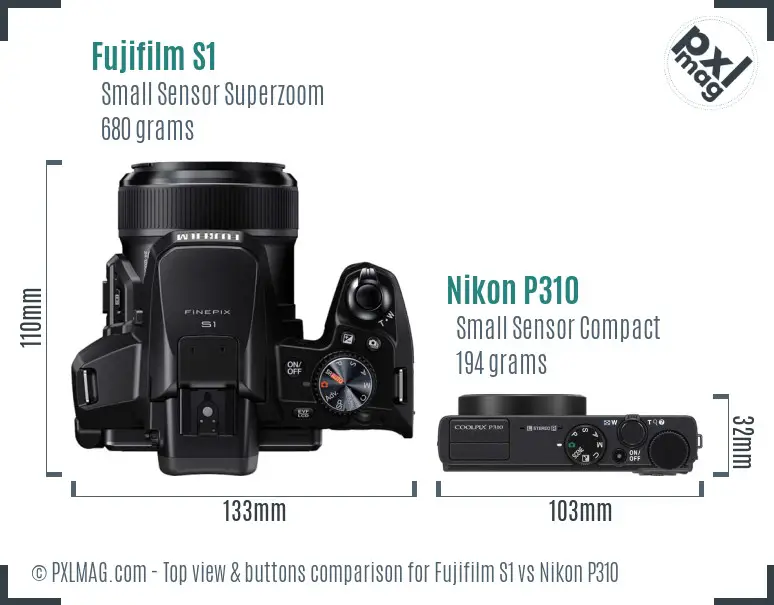 Fujifilm S1 vs Nikon P310 top view buttons comparison