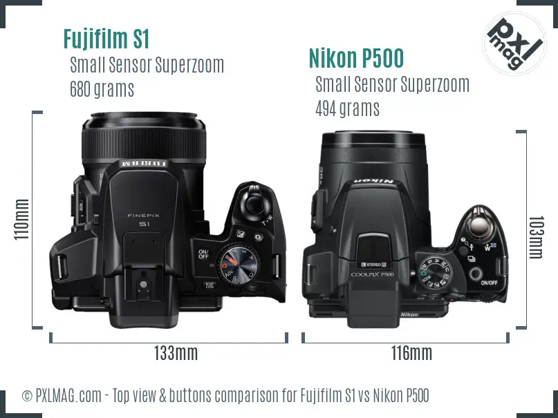 Fujifilm S1 vs Nikon P500 top view buttons comparison