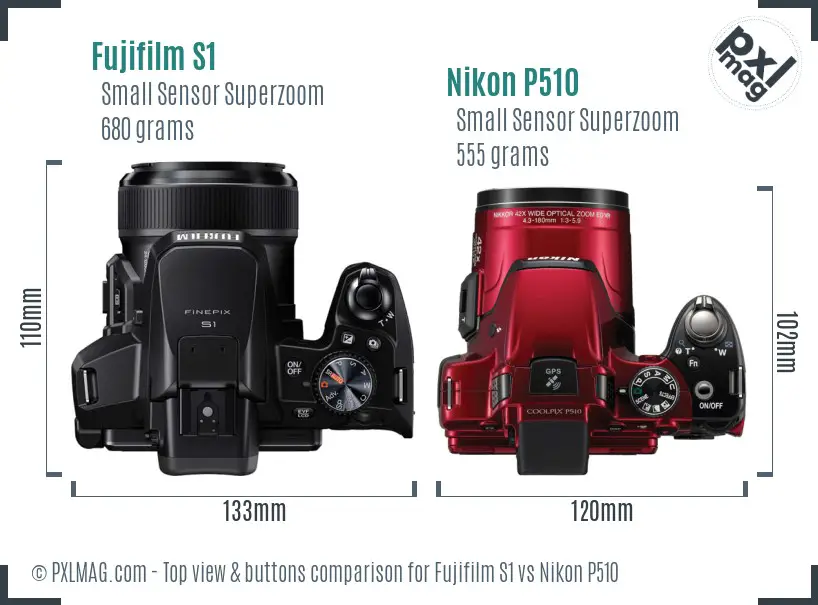 Fujifilm S1 vs Nikon P510 top view buttons comparison