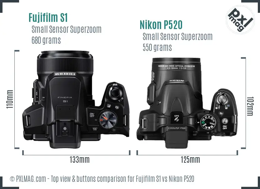 Fujifilm S1 vs Nikon P520 top view buttons comparison