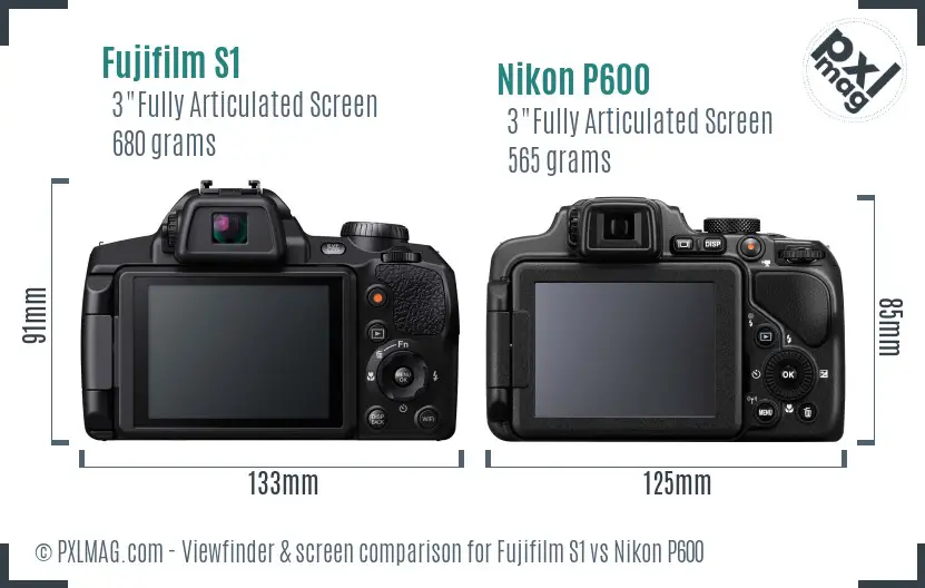 Fujifilm S1 vs Nikon P600 Screen and Viewfinder comparison