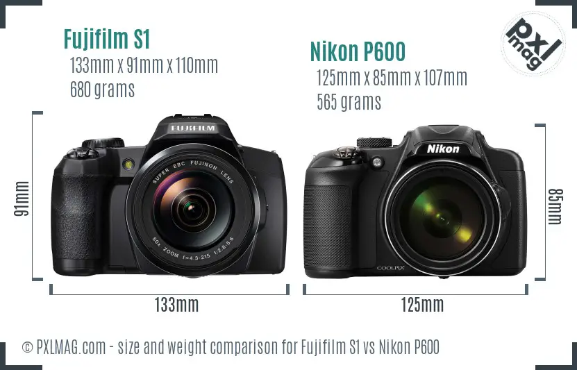 Fujifilm S1 vs Nikon P600 size comparison