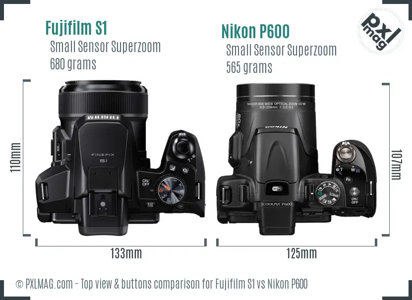 Fujifilm S1 vs Nikon P600 top view buttons comparison