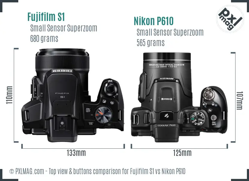 Fujifilm S1 vs Nikon P610 top view buttons comparison