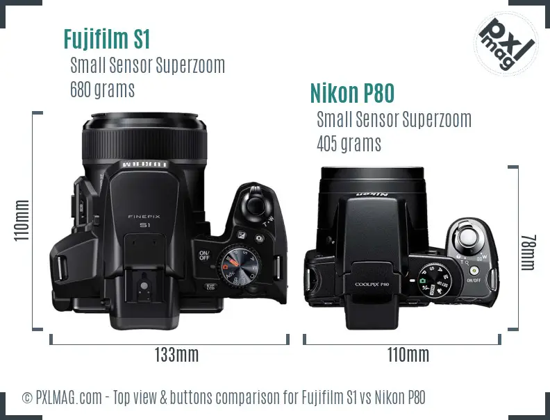 Fujifilm S1 vs Nikon P80 top view buttons comparison