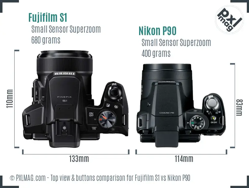 Fujifilm S1 vs Nikon P90 top view buttons comparison