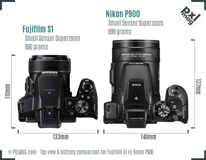 Fujifilm S1 vs Nikon P900 top view buttons comparison