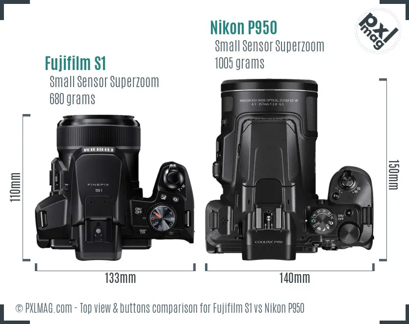 Fujifilm S1 vs Nikon P950 top view buttons comparison