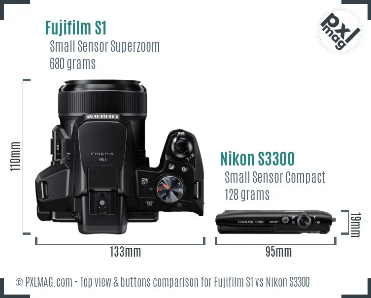 Fujifilm S1 vs Nikon S3300 top view buttons comparison