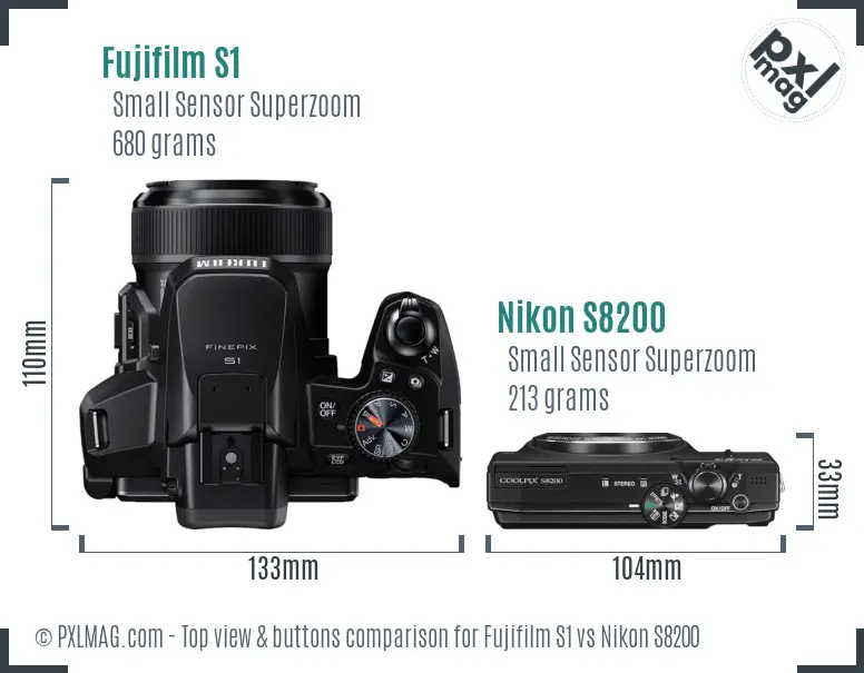 Fujifilm S1 vs Nikon S8200 top view buttons comparison