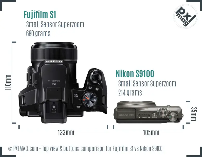 Fujifilm S1 vs Nikon S9100 top view buttons comparison