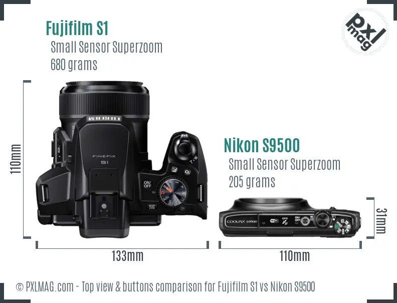 Fujifilm S1 vs Nikon S9500 top view buttons comparison