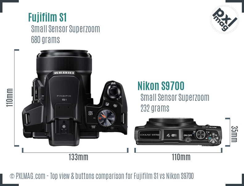 Fujifilm S1 vs Nikon S9700 top view buttons comparison