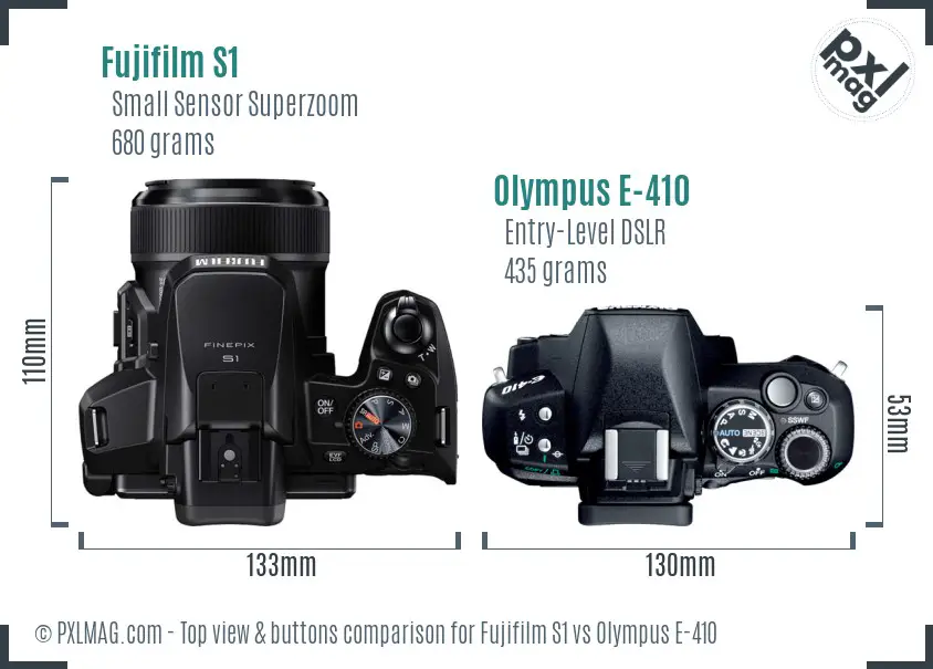 Fujifilm S1 vs Olympus E-410 top view buttons comparison