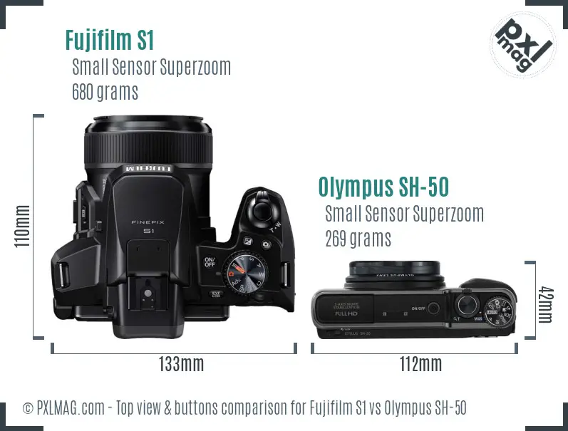 Fujifilm S1 vs Olympus SH-50 top view buttons comparison